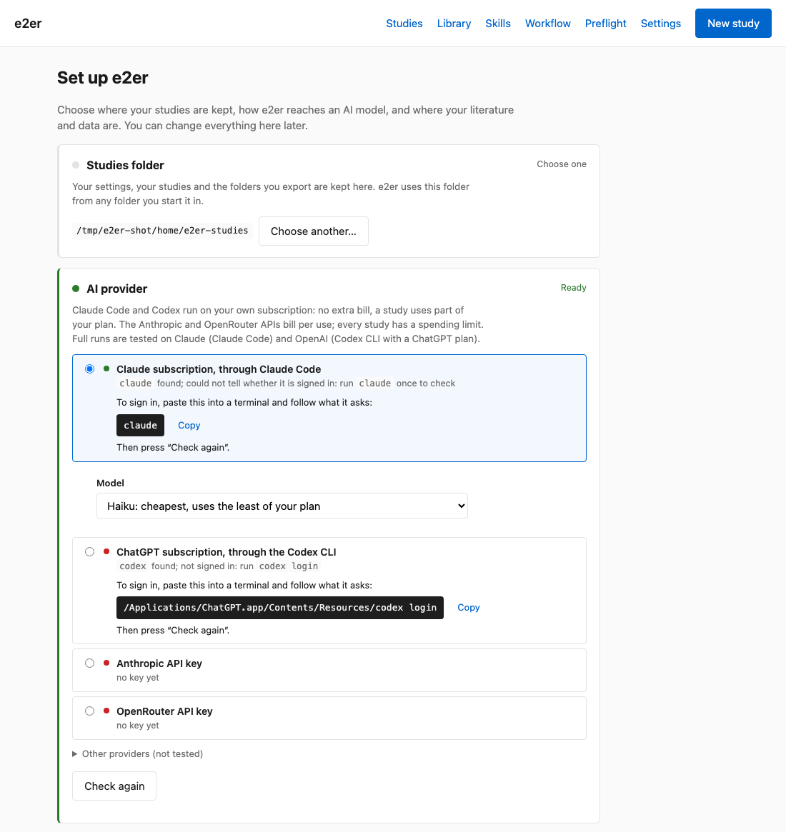 e2er's setup page: the studies folder, then the AI provider section with Claude subscription through Claude Code selected, the sign-in command claude and the model Haiku, below it ChatGPT subscription through the Codex CLI with its sign-in command, Anthropic API key, OpenRouter API key and a closed line Other providers (not tested).