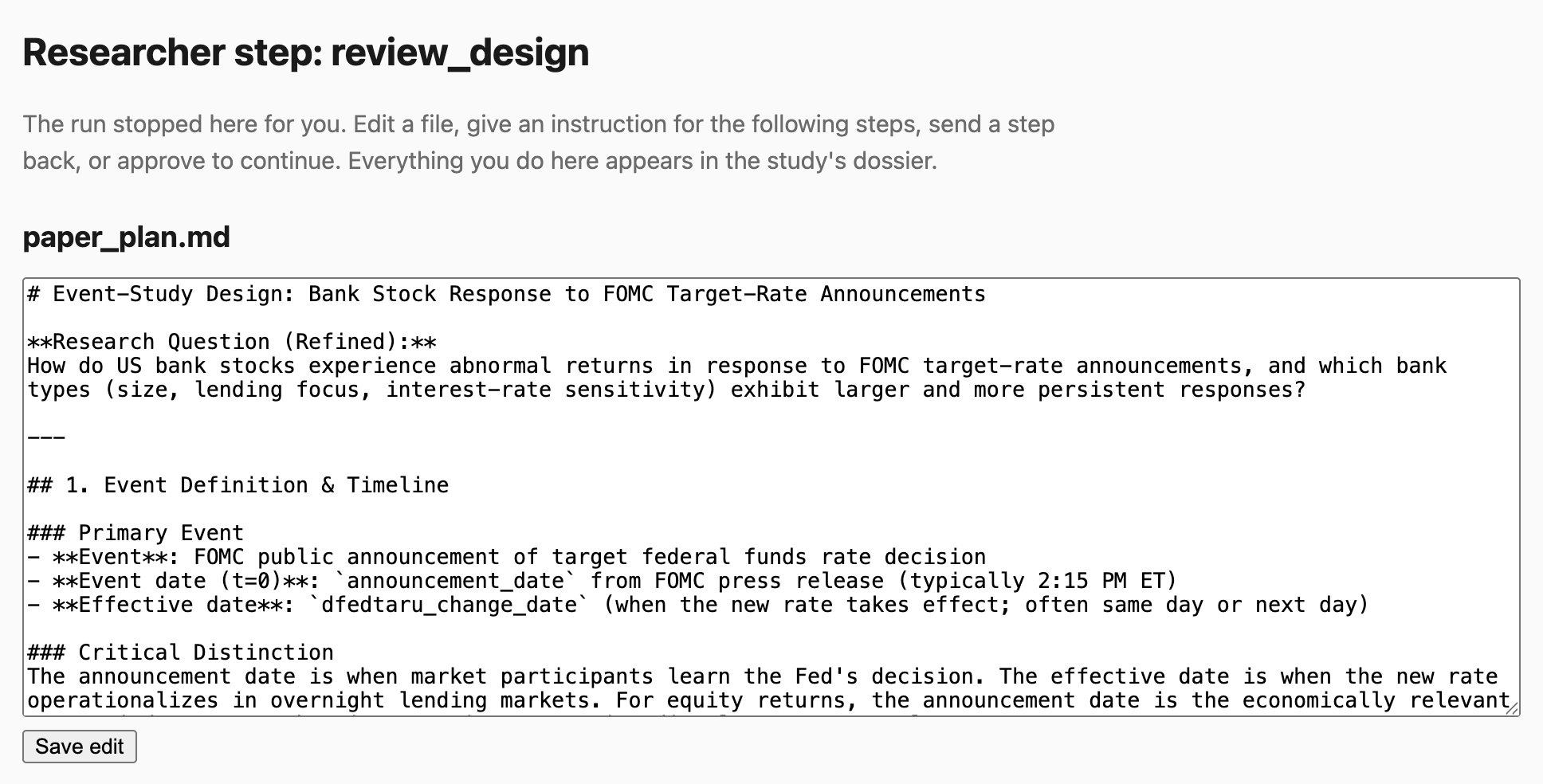 The dashboard's review screen for the step review_design: a short explanation and the first file, paper_plan.md, in an editable box with a Save edit button.